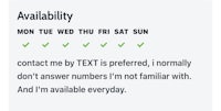 a text message that says availability on tuesday, tuesday, tuesday, 